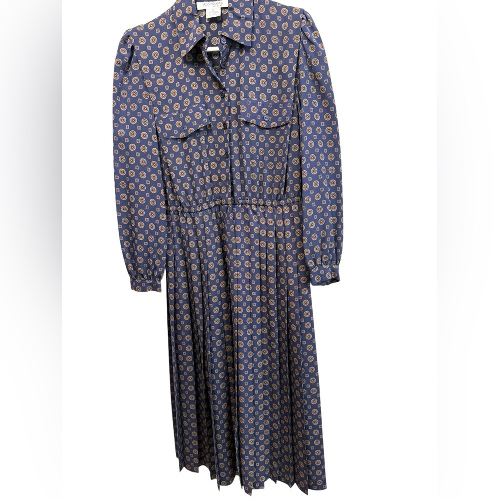 Appleseed's Navy and gold Long Sleeve Dress pleated skirt button front classy 8P